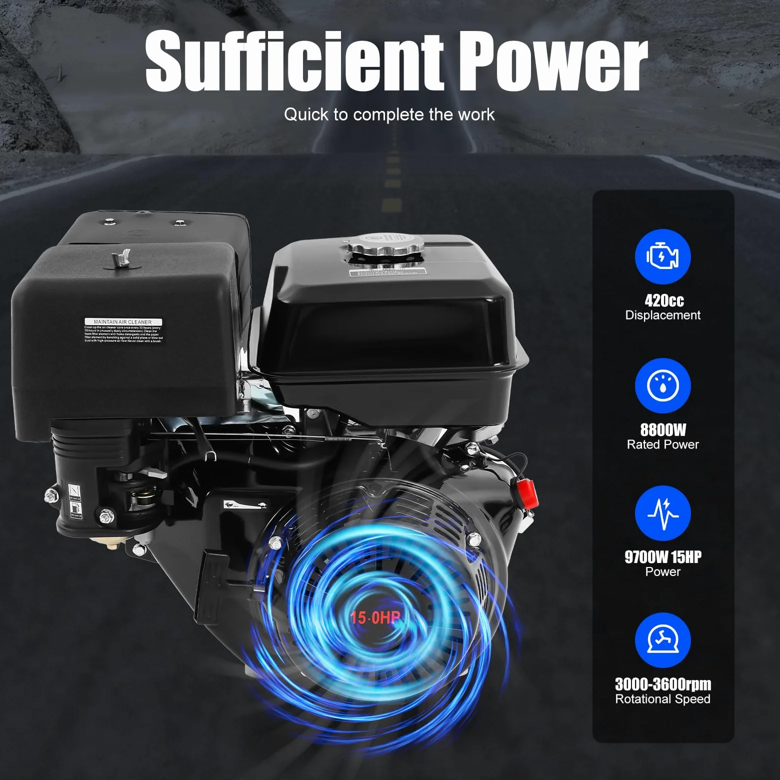 Motor motor gasolina motor estacionario 4 tiempos motor industrial cilindro horizontal gas motor retroceso nuevo negro 15Cv 420Cc 9Kw