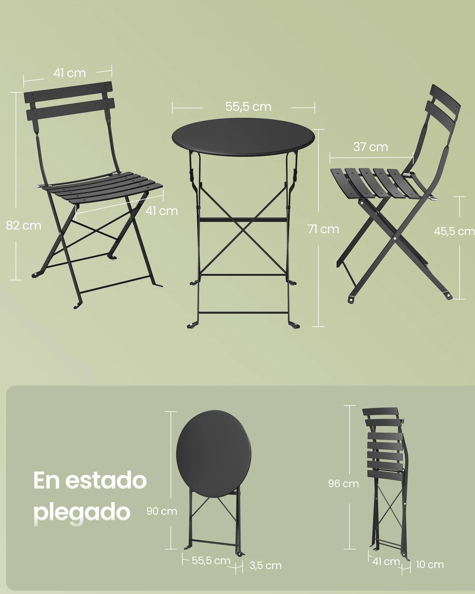 SONGMICS Juego de Jardín de Exterior, 3 Piezas, 2 Sillas y 1 Mesa, Plegable, Salón de Exterior, Acero, Resistente a la Intemperie, para Balcón, Terraza, Negro Tinta GGF036BZ01