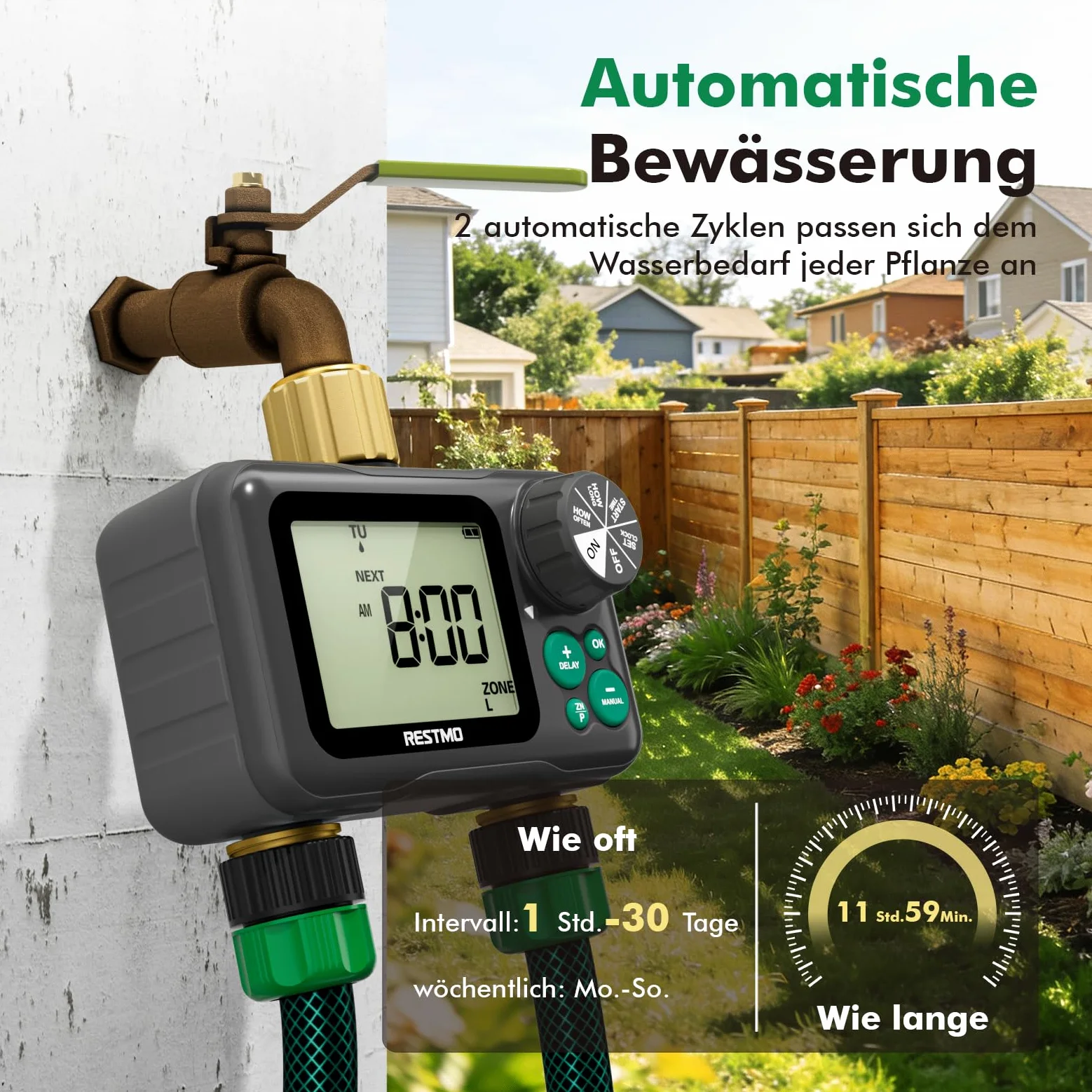 RESTMO Ordenador de riego RF de 2 zonas, temporizador de riego con mando a distancia | Automático/manual/retardo de lluvia, para manguera de jardín y grifo exterior, riego de césped