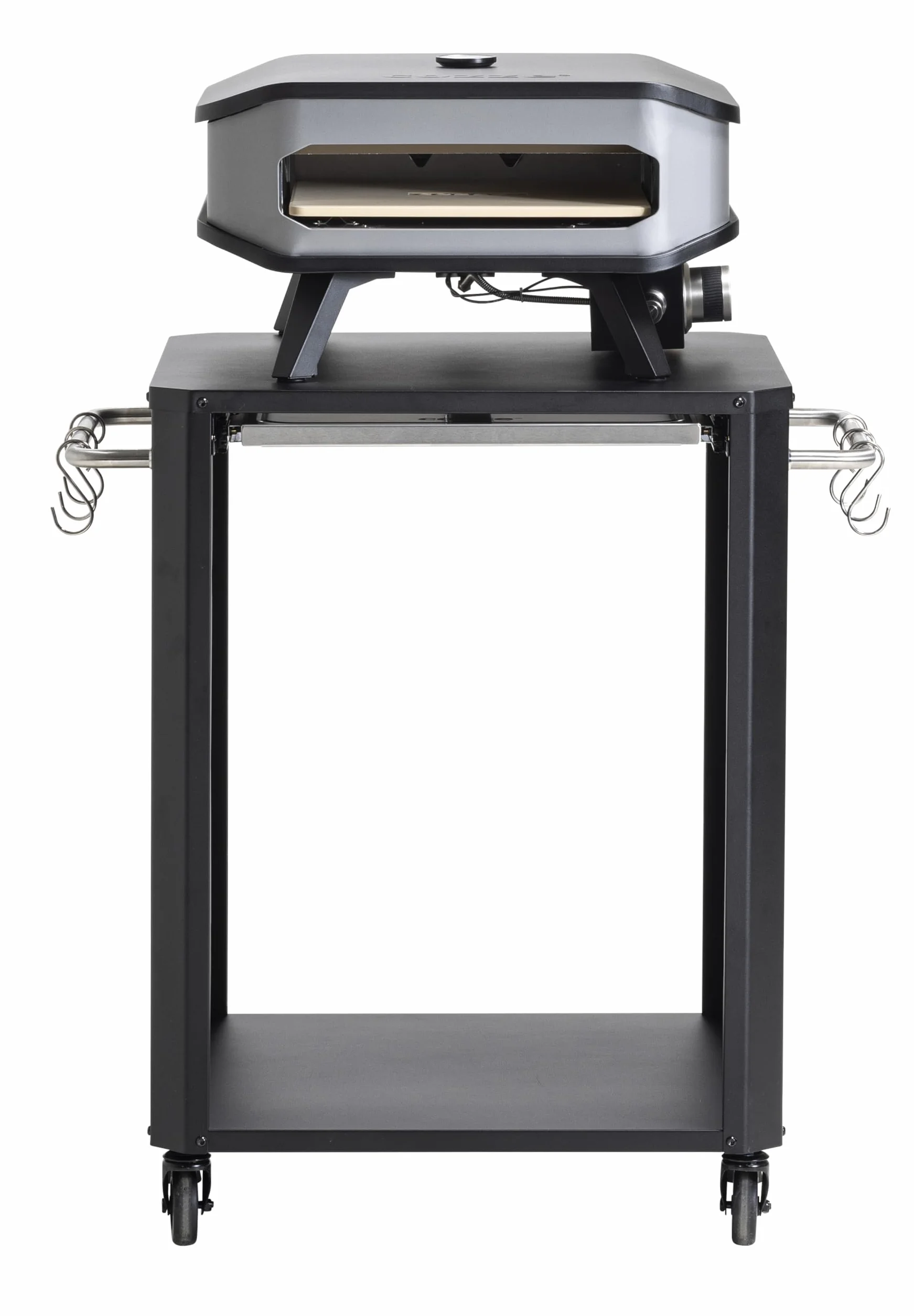 Cozze® | Mesa Exterior con Tabla de Corte Extensible | para hornos hasta 60 cm | Asas Laterales con 6 Ganchos de Acero Inoxidable | Ruedas de Goma Ø75 mm | Espacio para bombona | Acero Lacado Negro