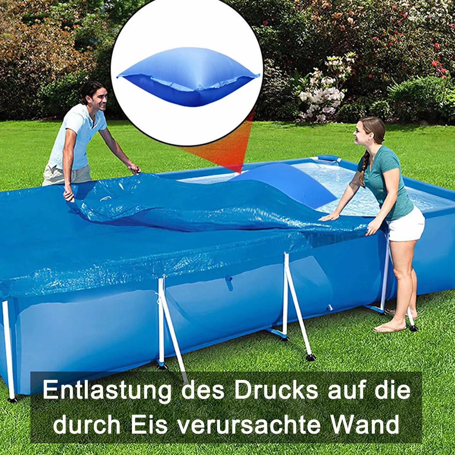 Cojín de aire para piscina de invierno de 120 x 120 cm, 2 unidades, cojín de aire para piscina con 4 ojales y cuerda resistente al cloro de 150 cm, 0,3 mm de espesor, cojín de aire para