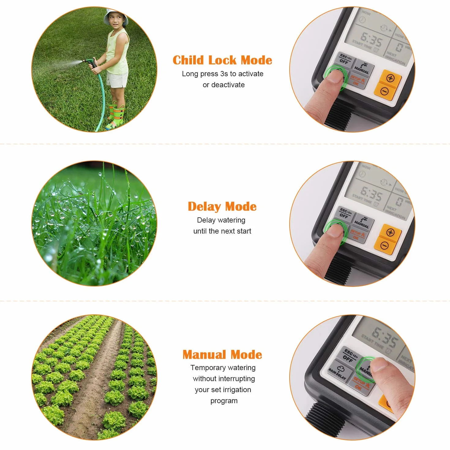 Johgee Temporizador de Riego Automatico Jardín, El Acoplamiento de Grifo de Agua ½ y ¾ Son Aplicables, Programa de Memoria Permanente, Programador de Riego Automático con Pantalla 3 ” LCD