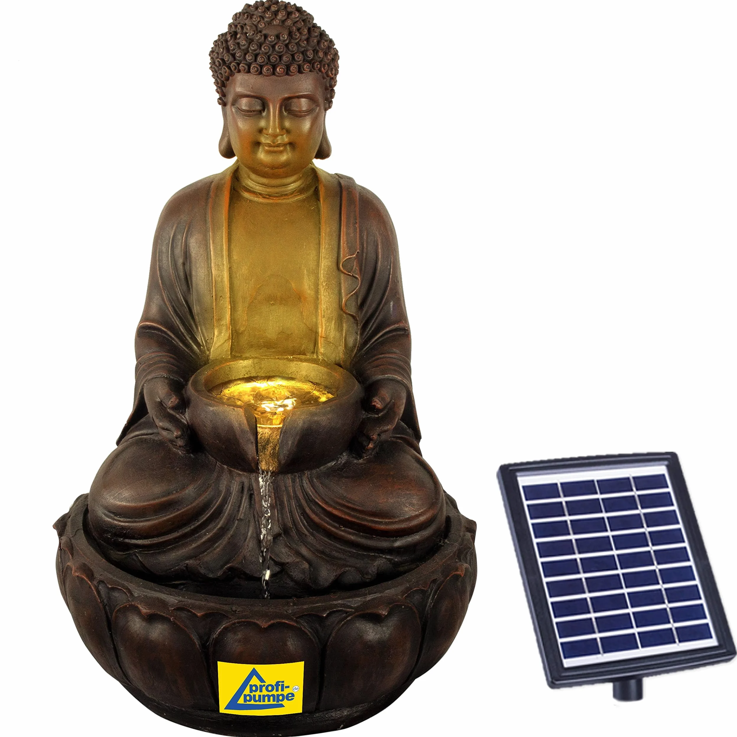 Fuente para Jardin Fuente de Tranquilidad Buda Fuente de Agua con iluminacion Solar para Jardin, terraza, Balcon Buda con Bomba, bateria de Iones de Litio y luz LED