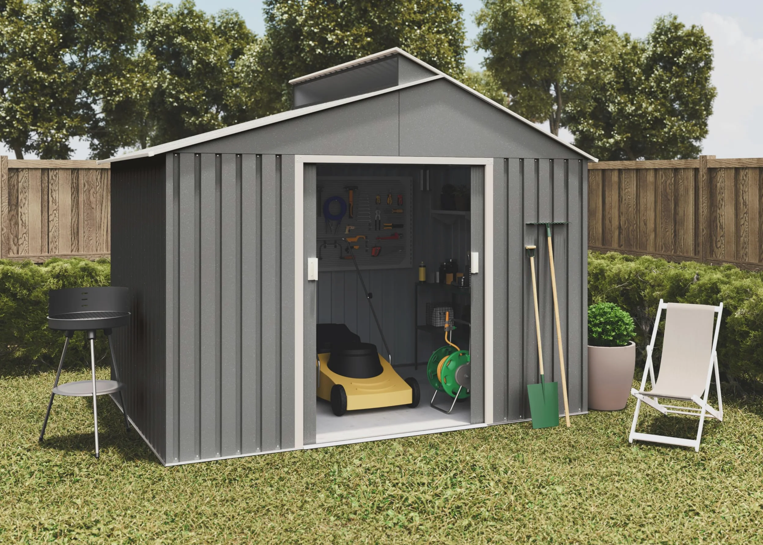 Caseta Jardín Exterior 5,44 m2 Latte – Color Metalizado Premium - Tragaluz de Policarbonato – Puerta Corredera Doble – Techo Inclinado - Cobertizo para terraza metálico de Almacenamiento