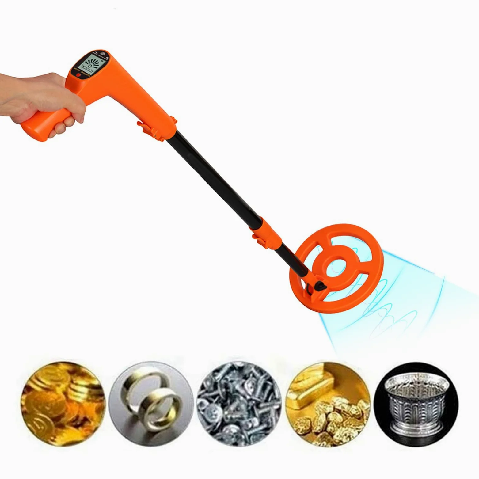 Detector de Metales de Mano Bobina de búsqueda de 6 Pulgadas Pantalla LCD Probador de Metales retráctil con Aviso de luz y Sonido
