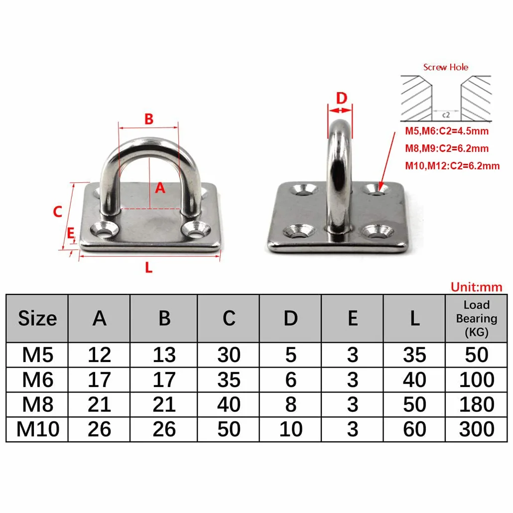 M8 Gancho para techo Gancho de pared de acero inoxidable 304 para yoga y hamaca Paquete de 4 (tornillos incluidos)