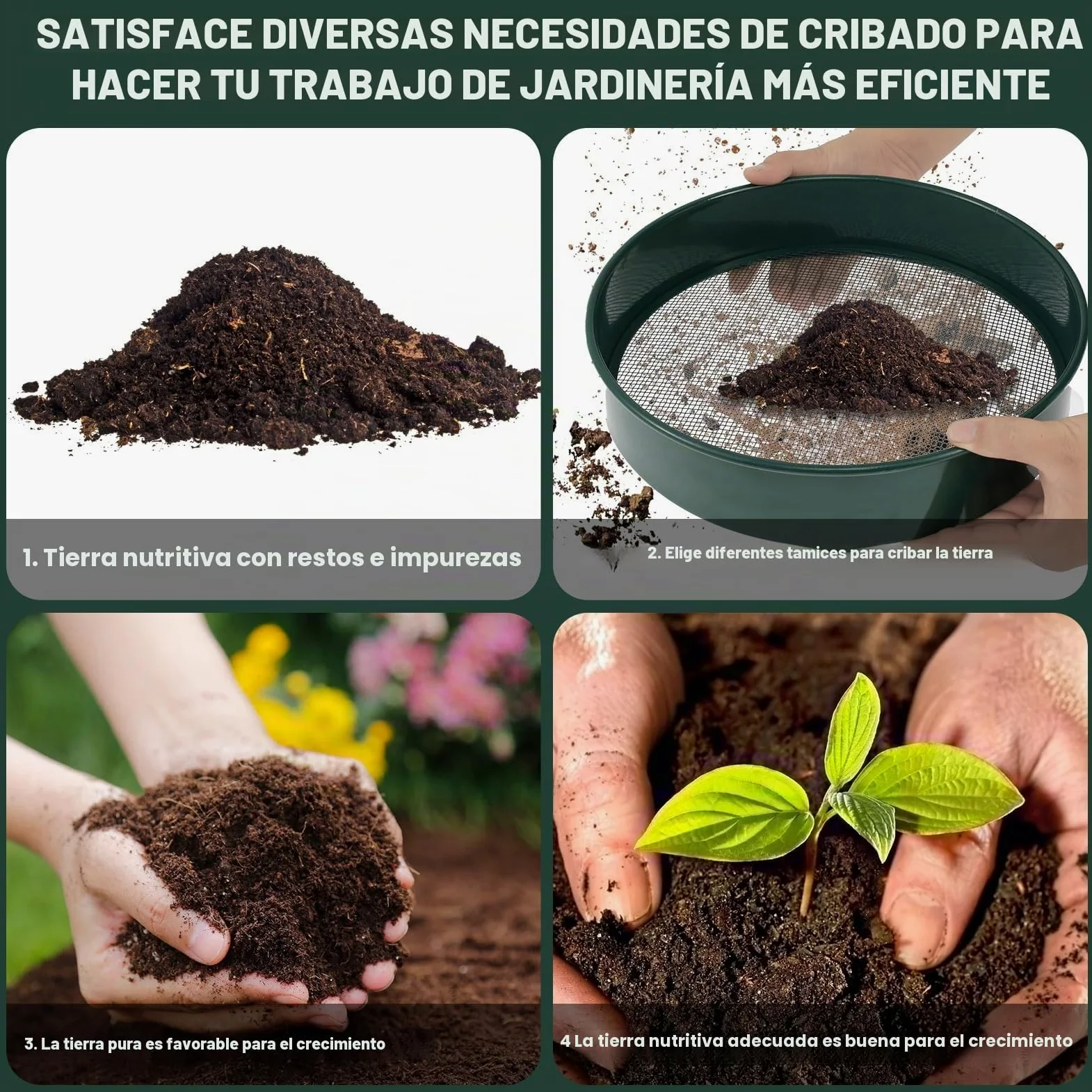 Tamiz de jardín redondo 4 en 1, 30 cm, acero inoxidable, con 4 tamices intercambiables y pala de jardín, tamiz para tierra, compost, semillas, arena