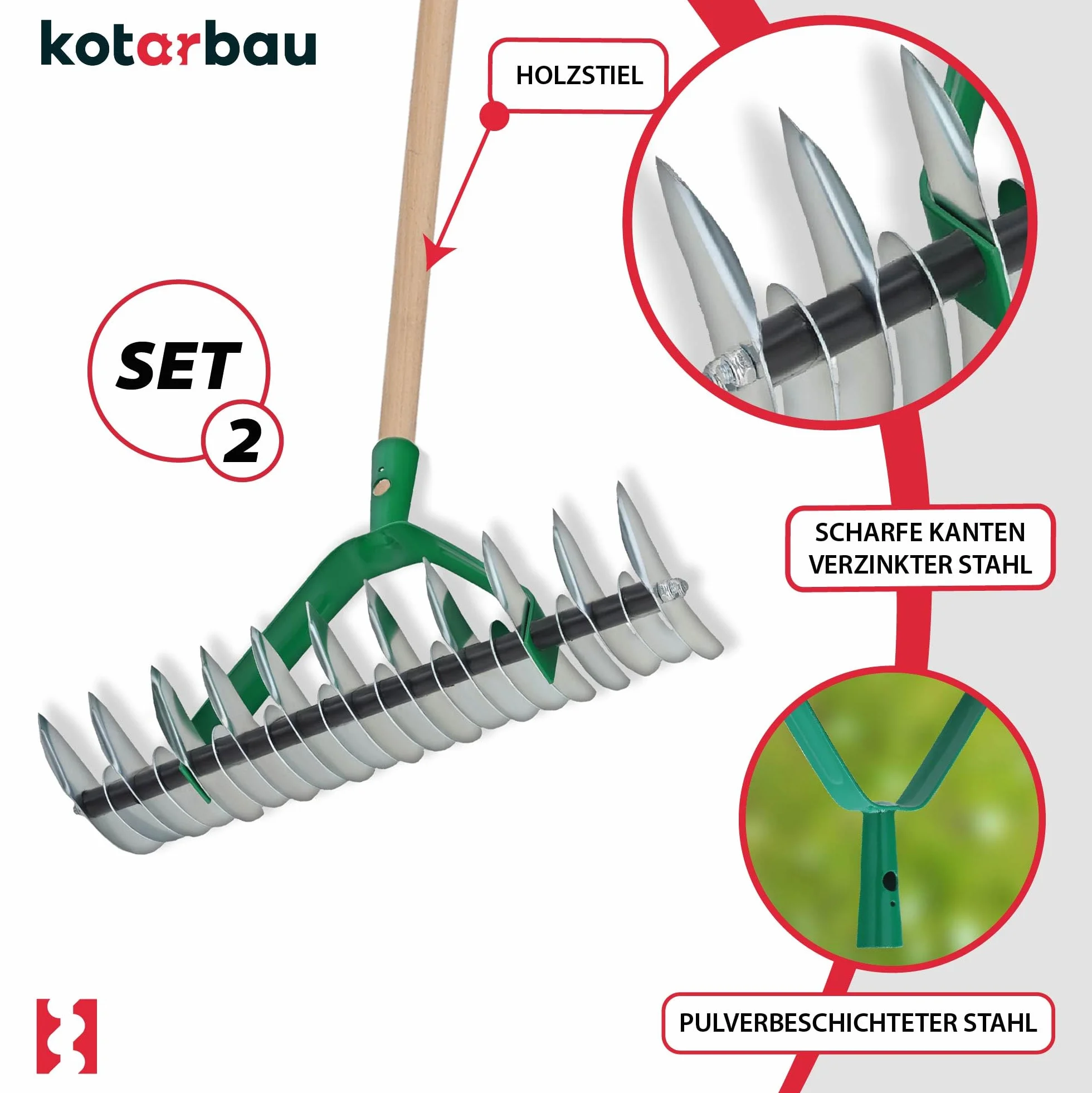 KOTARBAU® Escarificador de Doble Cara, Escarificador de Acero con Mango de Madera, Escarificador Manual, Rastrillo Cortador para Eliminar el Musgo y los restos de césped, Aireador
