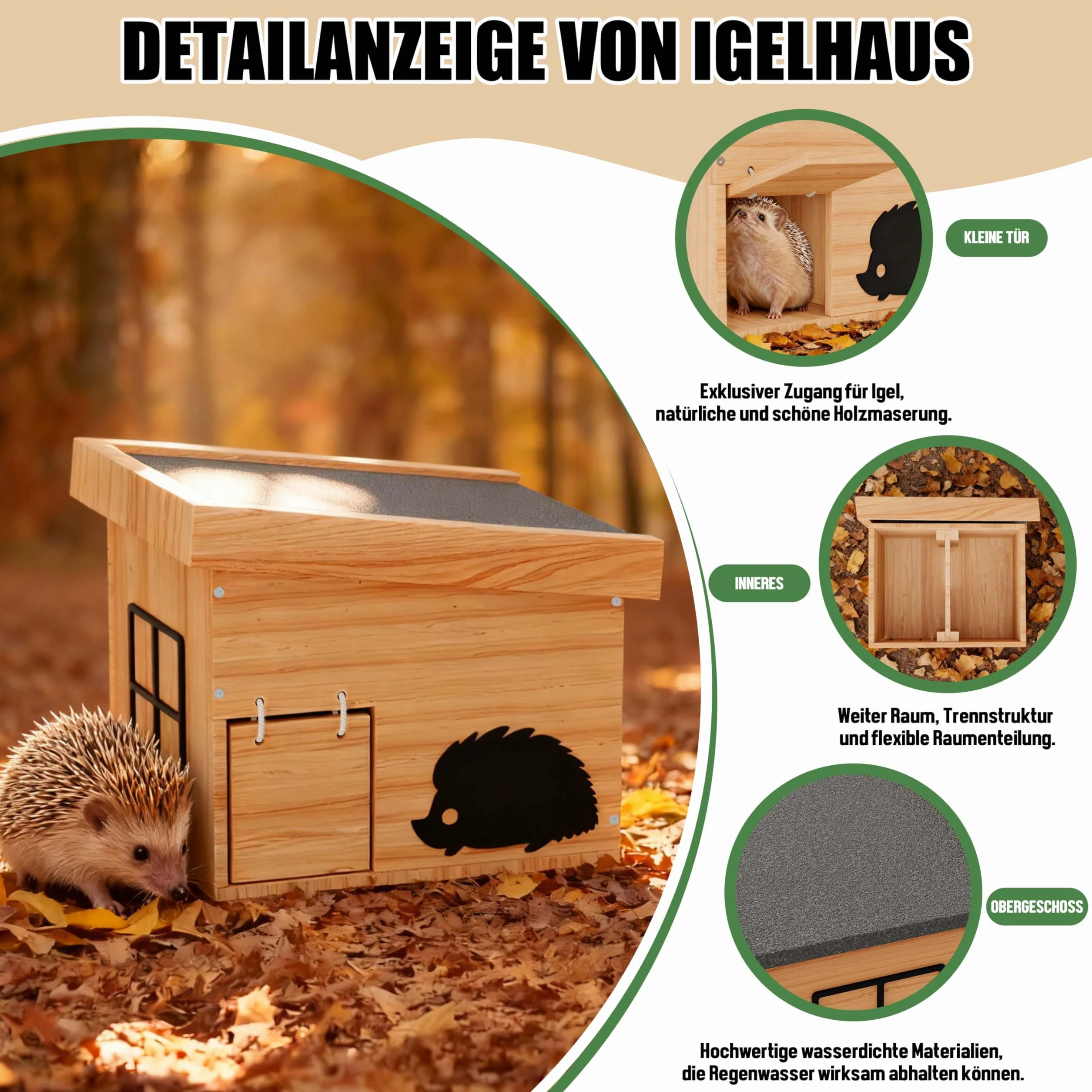 Casa de erizo de madera para erizos con suelo, resistente a la intemperie, resistente a la intemperie, para erizos, dormir, jardín, kit de construcción (haya)