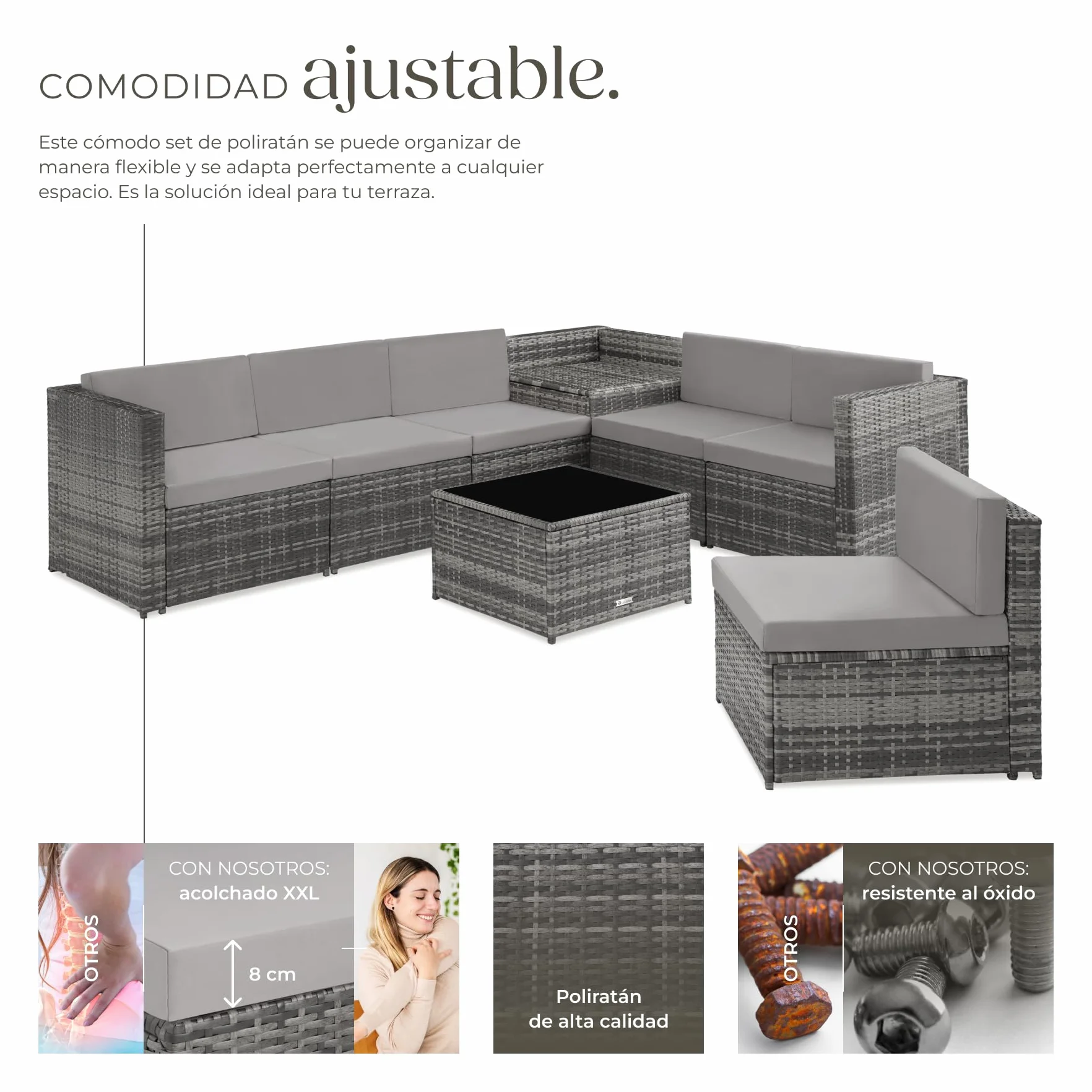 tectake® Conjunto Jardín de Ratán, Muebles Jardín Exterior 6 Sillones, 1 Mesa con Cristal, 1 Baúl Almacenamiento, Conjunto Terraza Resistente a la Intemperie, con Cojines, Estructura en Acero - Gris