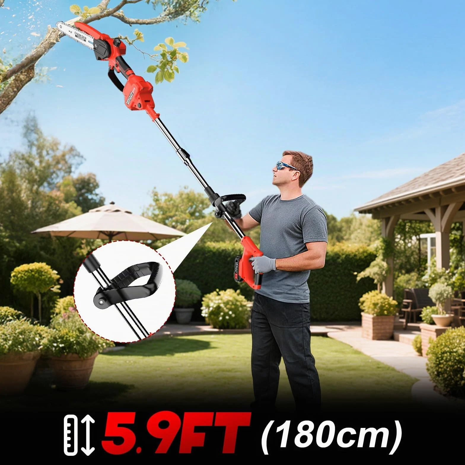 Motosierra Batería Sin Cable, 2 en 1 Mini Motosierra y Podadora de Pértiga, con 2 Baterías de 1500mAh, Sierra de Poda Telescópica Eléctrica, Guantes para Podar Arboles Patio de Jardín árboles, Rojo